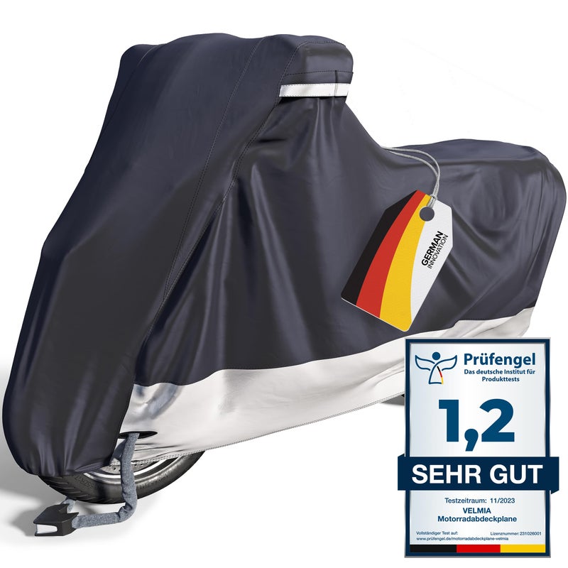 VELMIA Motorcycle Cover Extremely Heat Resistant up to 550 F I High Standard Motorcycle Cover Waterproof Outdoor for All Seasons, Motorcycle Storage, Scooter Cover, Moped Cover, Harley Cover