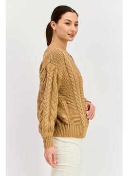 Black Tape Women Crew Neck Crochet Sweater, Saddle Brown  - Image 2