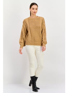 Black Tape Women Crew Neck Crochet Sweater, Saddle Brown  - Image 3