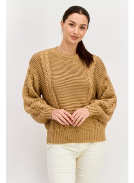 Black Tape Women Crew Neck Crochet Sweater, Saddle Brown  - Image 1