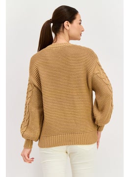 Black Tape Women Crew Neck Crochet Sweater, Saddle Brown  - Image 4