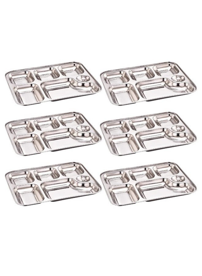 GALOOF Stainless Steel 6 in 1 Pav Bhaji Plate Set | 6 Compartment Section Mess Tray | 6 Section Rectangle Bhojan Thali for Lunch and Dinner (Pack of 6) - Image 1