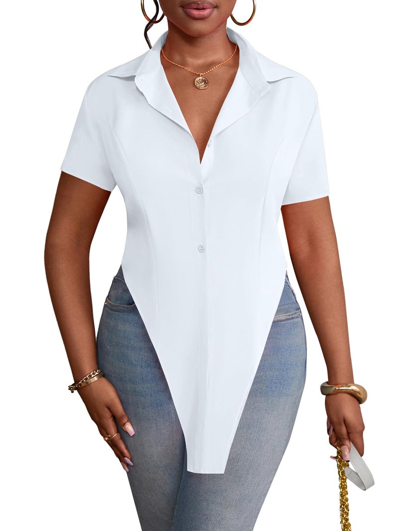 LYANER Women's Collar V Neck Button Front Short Sleeve Slit Hem Long Shirt Blouse Top Solid White Small - Image 3