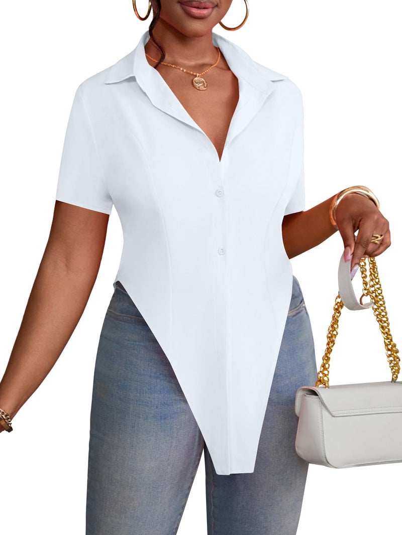 LYANER Women's Collar V Neck Button Front Short Sleeve Slit Hem Long Shirt Blouse Top Solid White Small - Image 5