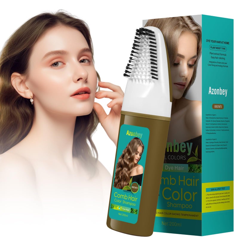 Azonbey Brown Hair Dye,Hair Dye Shampoo for Women,Hair Color for Gray Hair Coverage Permanent,Comb Dyeing Champu Para CanasHair Dye 4 in 1 With Comb Herbal Natural Plant Hair Color Shampoo(Brown) - Image 2