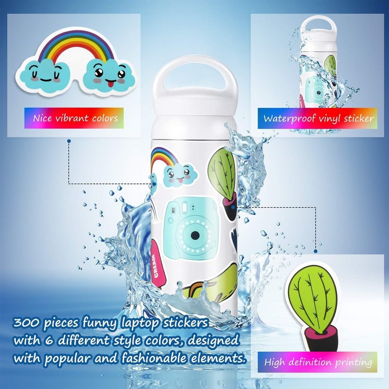 Mumoobear Mumoo Bear 300 Pieces Mixed stickers for Water Bottles, Vinyl Waterproof Laptop Aesthetic Cute Colorful Stickerss Laptop Luggage Skateboard Computer Stiickers for Teens Girls Kids Boys - Image 2