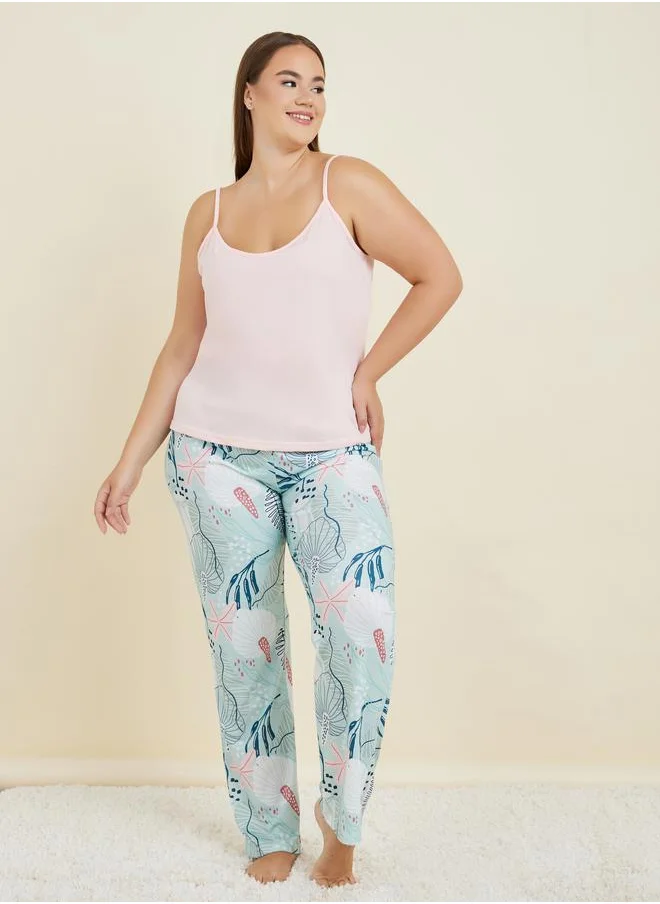 Styli Plus Solid Cami & Tropical Pyjama Set
