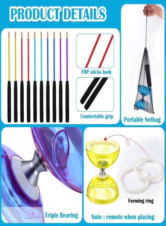 Hungdao 5 Set Chinese Diabolo Set Triple Bearing Chinese Yoyo 5” Multi Colors Diabolo Big Yoyo with Fiberglass Sticks, Mesh Drawstring Bags and Strings (Transparent) - Image 5