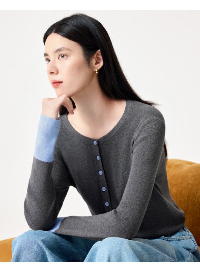 purcotton Women'S Autumn And Winter Sweater Soft Cotton Round Neck Yarn Top Dynamic And Not Monotonous Color Contrast Versatile For Commute And Casual Wear - Image 1