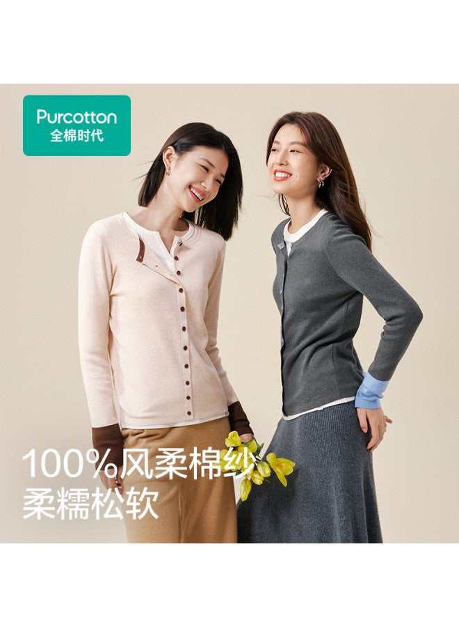 purcotton Women'S Autumn And Winter Sweater Soft Cotton Round Neck Yarn Top Dynamic And Not Monotonous Color Contrast Versatile For Commute And Casual Wear - Image 5
