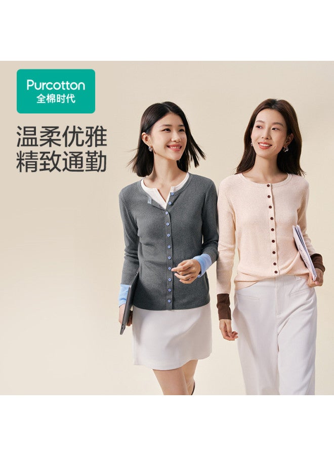 purcotton Women'S Autumn And Winter Sweater Soft Cotton Round Neck Yarn Top Dynamic And Not Monotonous Color Contrast Versatile For Commute And Casual Wear - Image 3
