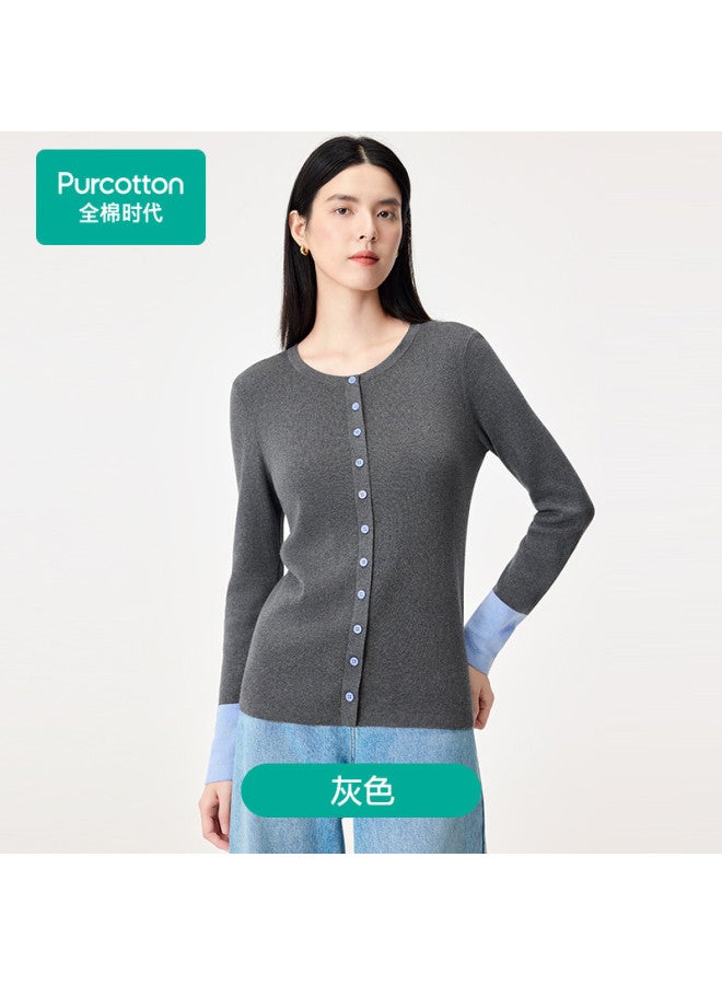 purcotton Women'S Autumn And Winter Sweater Soft Cotton Round Neck Yarn Top Dynamic And Not Monotonous Color Contrast Versatile For Commute And Casual Wear - Image 2