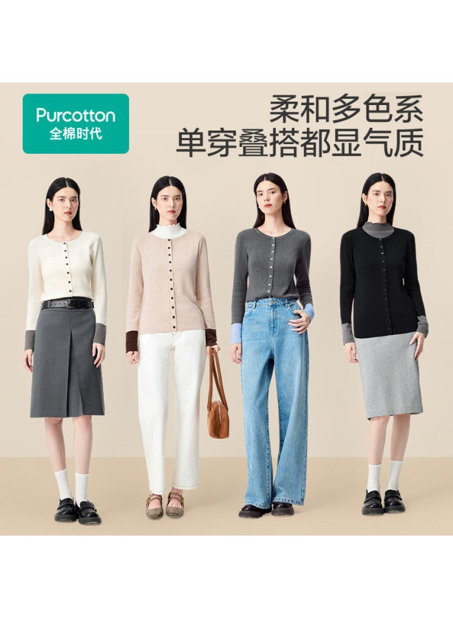 purcotton Women'S Autumn And Winter Sweater Soft Cotton Round Neck Yarn Top Dynamic And Not Monotonous Color Contrast Versatile For Commute And Casual Wear - Image 4