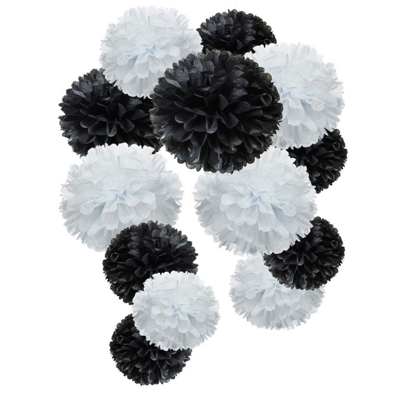 MOWO Black and White Paper Flower Tissue Pom Poms Party Supplies blackwhite12pc