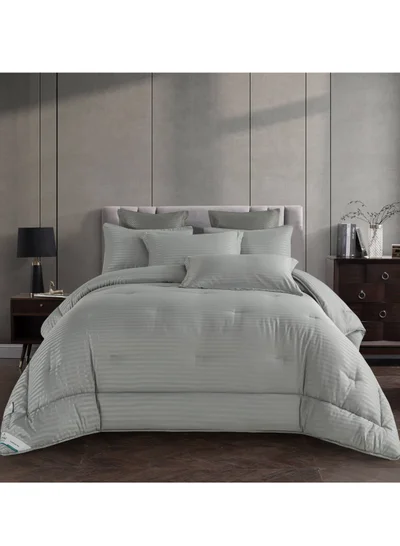 Donetella Comforter Set 4-Pcs Single Size Hotel Style Thin Striped Bed Set Fits 140x200 Cms (350 GSM) With Down Alternative Filling, Grey