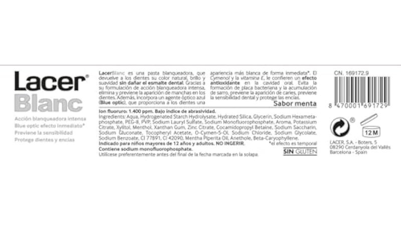 LACER BLANC - Plus 125 ml, New Mint Toothpaste, Whitening Action, Removes Tooth Stains, Prevents Plaque, Tartar and Tooth Sensitivity, Gum Protection - Image 2