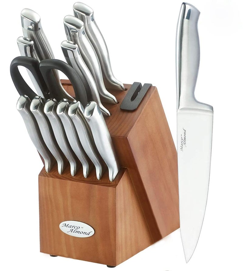 Marco Almond Knife Block Set KYA26 Knife Set with Block 14 Pieces Stainless Steel Chef Kitchen Knives with Builtin Sharpener