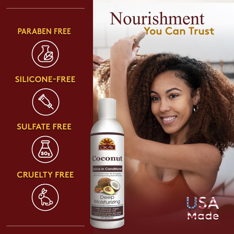 Okay Coconut Leave In Conditioner - Hair Moisturizer for Women and Men, Contains Castor Seed Oil, Natural Hair Product for Hair Growth, Curly Hair Grease for Smooth, Moisturized Hair - 8 Oz - Image 5