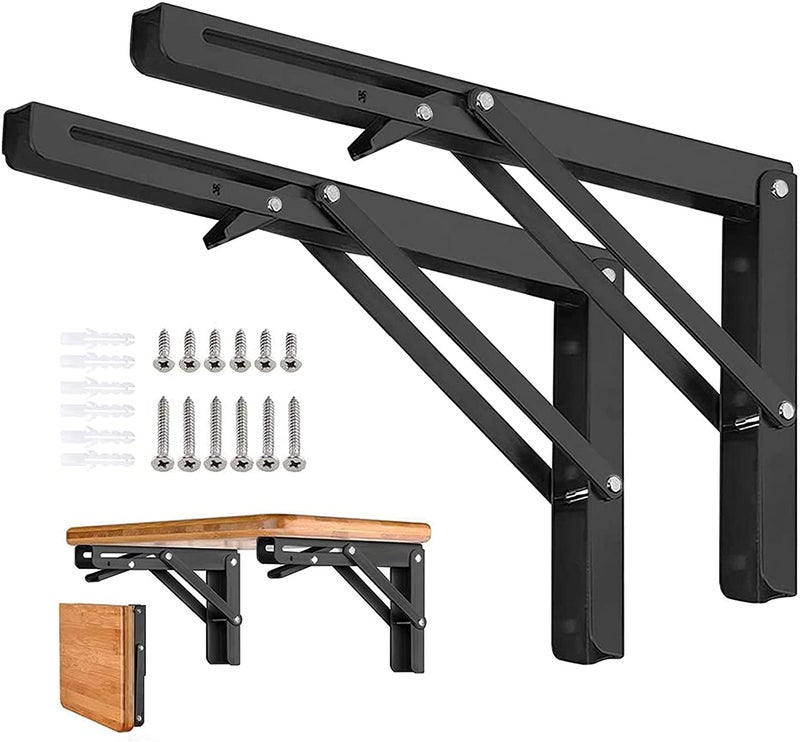 AUTOHJ Folding Shelf Brackets 24 Inch 2 Pcs Heavy Duty Metal Collapsible Triangle Shelf Bracket DIY Wall Mounted Shelf Bracket Space Saving for Bench Table