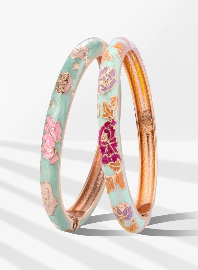 UJOY Vintage Cloisonne Bracelets Flower Enameled Jewelry Plated Cuff Bangle for Women Gift Box 55A35-55A113 Light Green - Image 2
