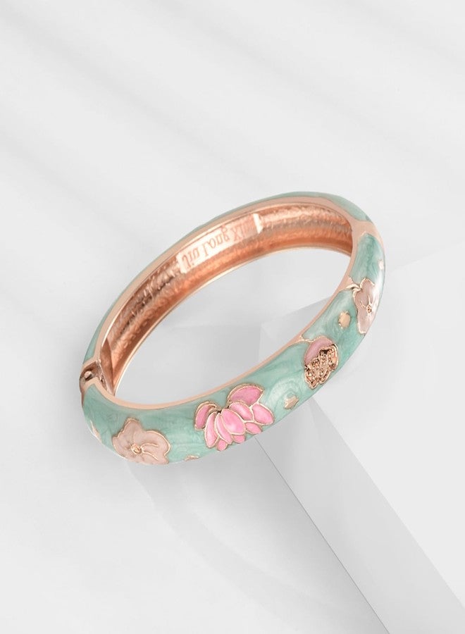 UJOY Vintage Cloisonne Bracelets Flower Enameled Jewelry Plated Cuff Bangle for Women Gift Box 55A35-55A113 Light Green - Image 4