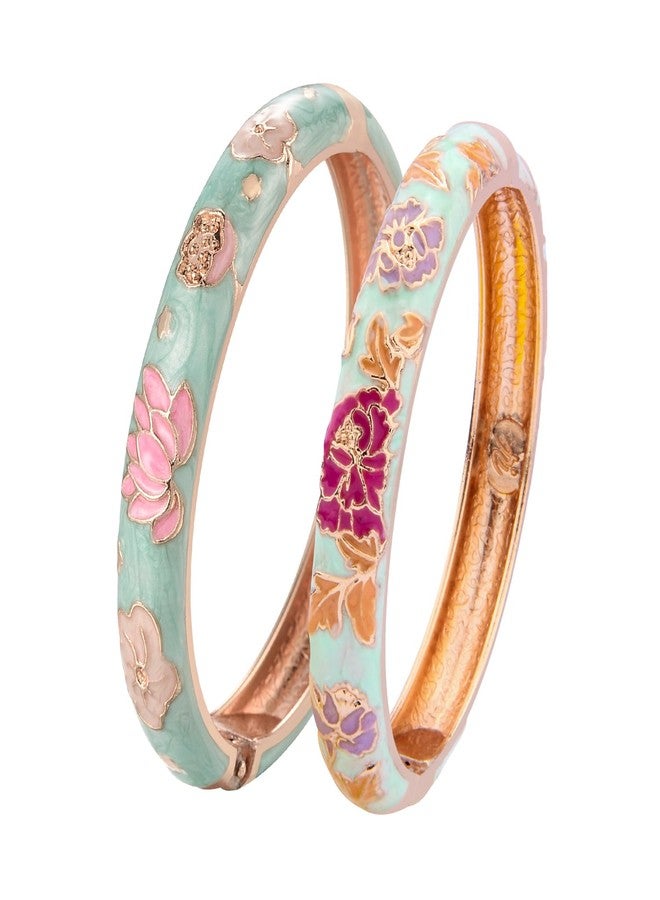 UJOY Vintage Cloisonne Bracelets Flower Enameled Jewelry Plated Cuff Bangle for Women Gift Box 55A35-55A113 Light Green - Image 1