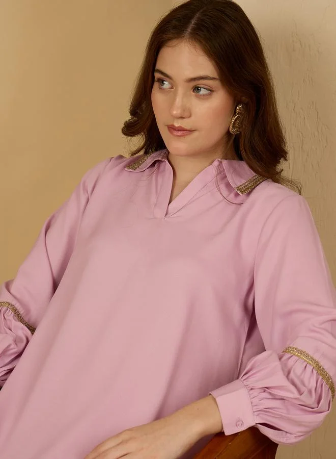 Styli Styli Lace Trim Collared Jalabiya