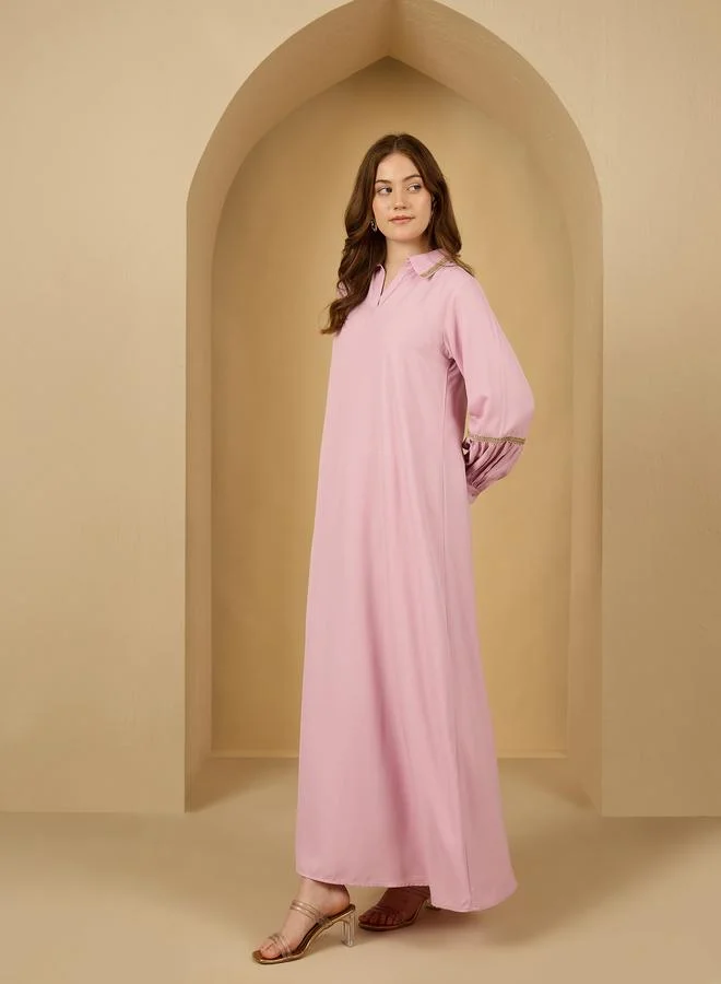 Styli Styli Lace Trim Collared Jalabiya