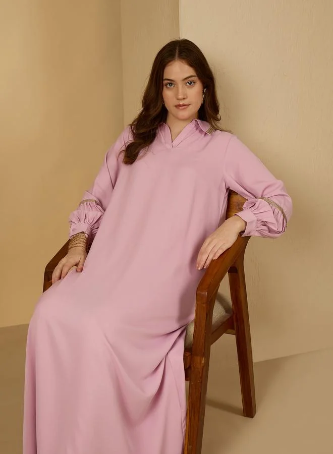 Styli Styli Lace Trim Collared Jalabiya