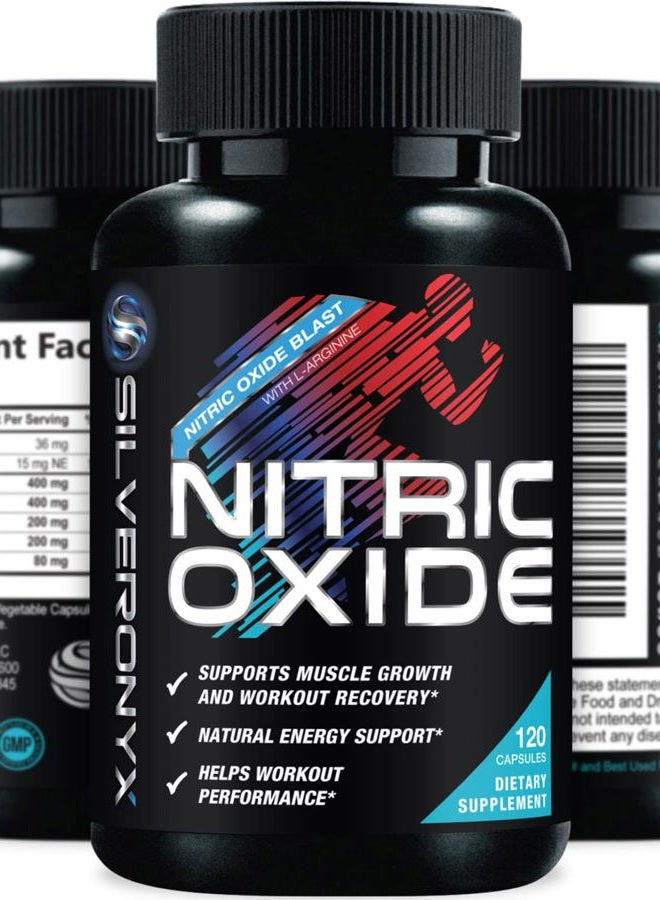 SilverOnyx Extra Strength Nitric Oxide Supplement 3X Strength L Arginine, Citrulline Malate, AAKG, Beta Alanine - Premium Muscle Supporting Nitric Booster - Natural Energy & Heart Health Support - 120 Capsules - Image 1