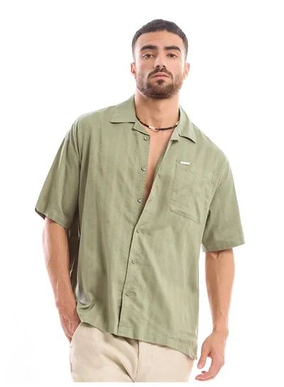 Beyoung Pale Olive Half Sleeve Cuban Collar Shirt for Men
