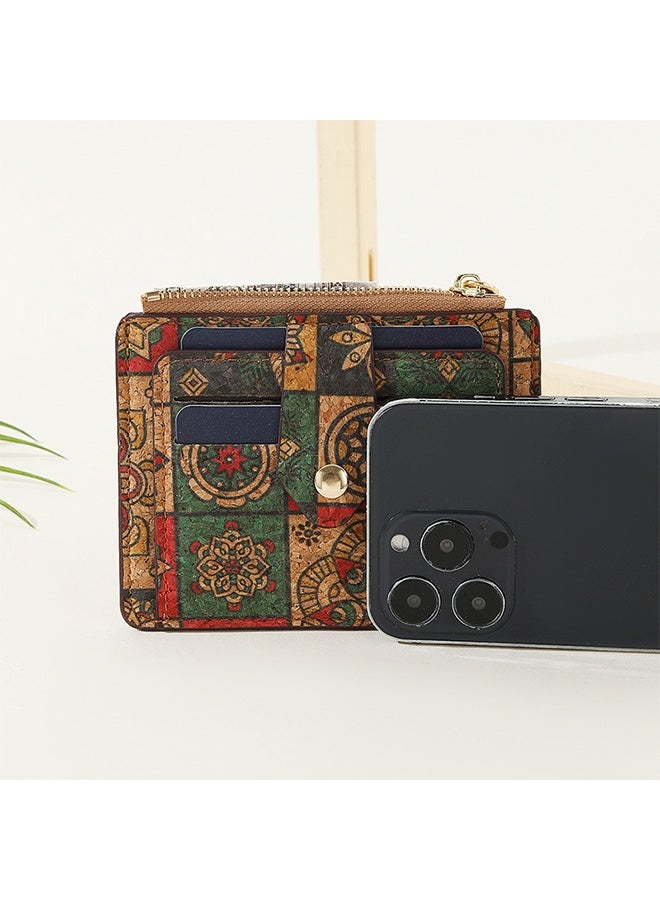 Lemon Small Slim Thin Credit Card Bag for Women, Vintage Print Blocking Bifold Cork Wallet with Zipper Coin Pocket,ID Window (Hexagon) - Image 5