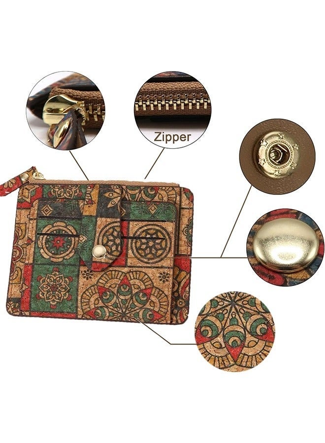 Lemon Small Slim Thin Credit Card Bag for Women, Vintage Print Blocking Bifold Cork Wallet with Zipper Coin Pocket,ID Window (Hexagon) - Image 2