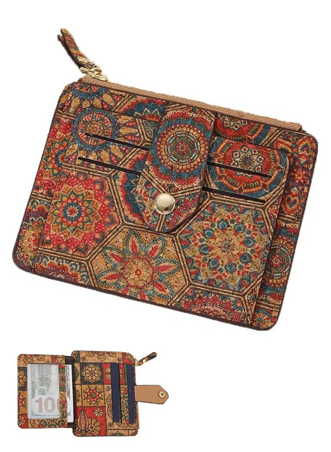 Lemon Small Slim Thin Credit Card Bag for Women, Vintage Print Blocking Bifold Cork Wallet with Zipper Coin Pocket,ID Window (Hexagon) - Image 1