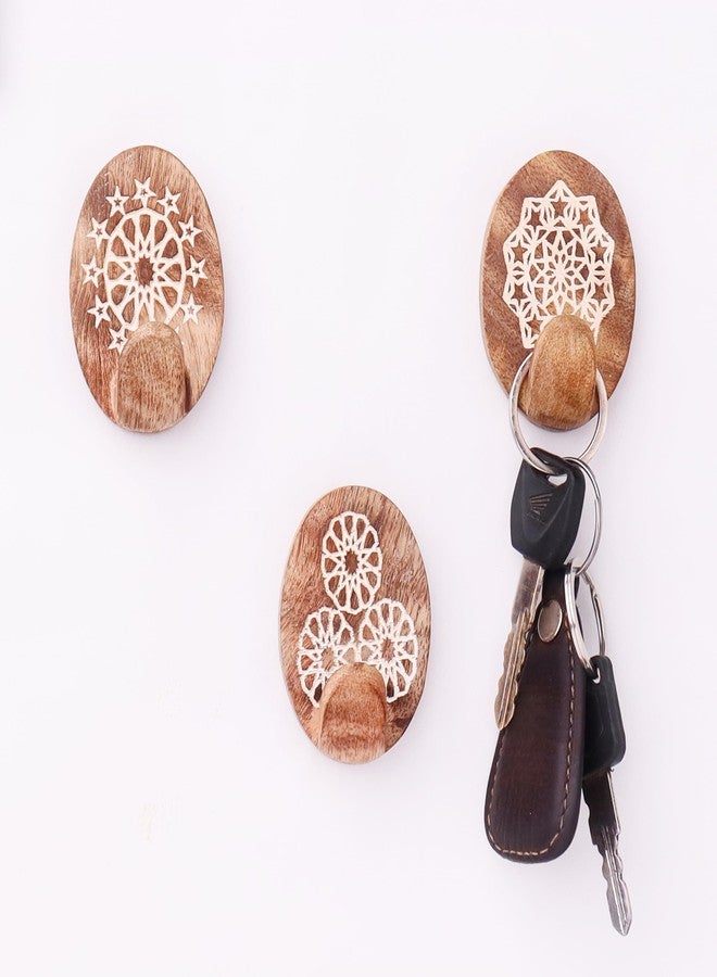 Indian-Shelf IndianShelf 3 Piece Wood Adhesive Decorative Wall Hooks for Hanging Coats, Keys, Towels, Hat, Leash- White Brown Boho Sticky Wood Towel Hooks for Bathrooms (6 Strips Included) - Image 1