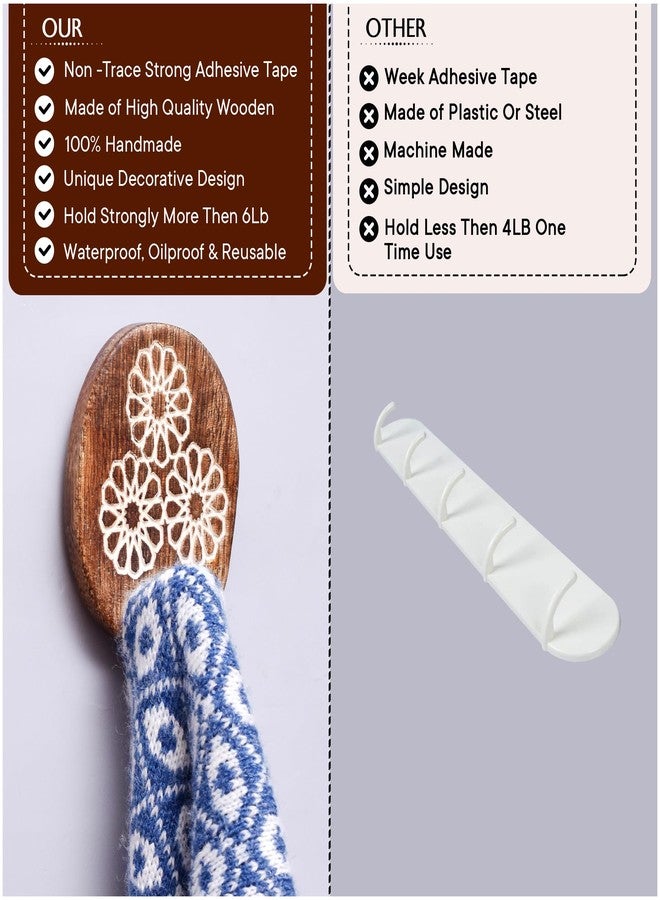 Indian-Shelf IndianShelf 3 Piece Wood Adhesive Decorative Wall Hooks for Hanging Coats, Keys, Towels, Hat, Leash- White Brown Boho Sticky Wood Towel Hooks for Bathrooms (6 Strips Included) - Image 3