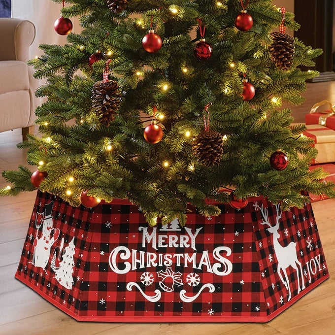 Christmas Tree Collar Buffalo Plaid Christmas Tree Ring Hexagon Fabric Collapsible Tree Skirt with 6 Patterns for Christmas Xmas Holiday Tree Decorations
