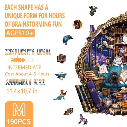 Artipuz Wooden Puzzles for Adults Cat Library Adventure Wooden Puzzle Unique Shape Wood Jigsaw Puzzle for Adults Wood Puzzles Adult Gifts for Cat Lovers Wall Art Home Decor 190pcs 114 107in M - Image 5