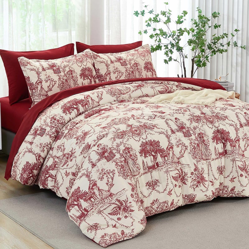 Xruibed Red Comforter Set Queen 7 Piece Bed in a Bag Toile de Jouy Botanical Comforter with Sheet Set Soft Micorfiber Bedding Set (1 Comforter,2 Pillow Shams,1 Flat Sheet,1 Fitted Sheet,2 Pillowcases) - Image 1