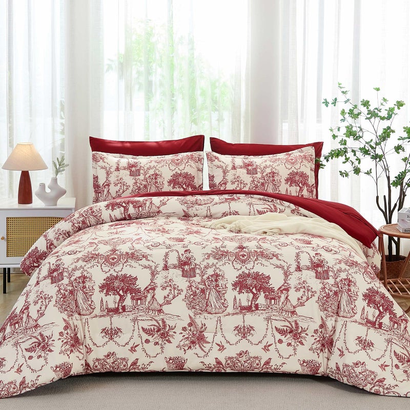 Xruibed Red Comforter Set Queen 7 Piece Bed in a Bag Toile de Jouy Botanical Comforter with Sheet Set Soft Micorfiber Bedding Set (1 Comforter,2 Pillow Shams,1 Flat Sheet,1 Fitted Sheet,2 Pillowcases) - Image 2