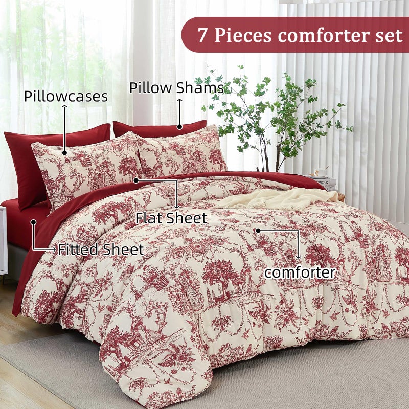 Xruibed Red Comforter Set Queen 7 Piece Bed in a Bag Toile de Jouy Botanical Comforter with Sheet Set Soft Micorfiber Bedding Set (1 Comforter,2 Pillow Shams,1 Flat Sheet,1 Fitted Sheet,2 Pillowcases) - Image 4