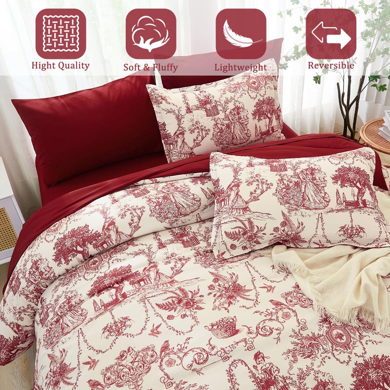 Xruibed Red Comforter Set Queen 7 Piece Bed in a Bag Toile de Jouy Botanical Comforter with Sheet Set Soft Micorfiber Bedding Set (1 Comforter,2 Pillow Shams,1 Flat Sheet,1 Fitted Sheet,2 Pillowcases) - Image 3