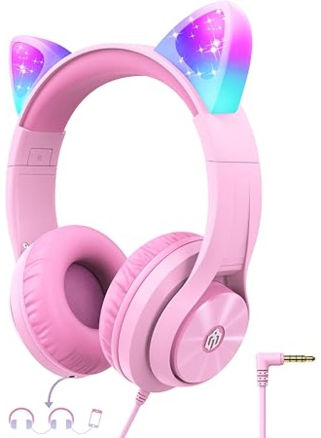iClever Kids Headphones with Cat Ear Led Light Up, Safe Volume Limite Kids Wired Headphones with FunShare Foldable Over-Ear Headphones - Image 1