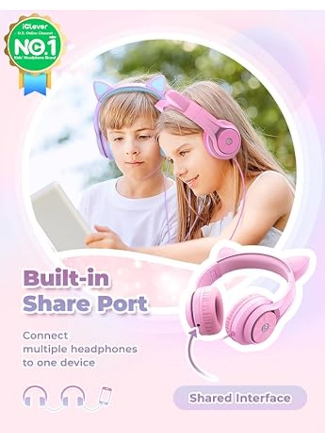 iClever Kids Headphones with Cat Ear Led Light Up, Safe Volume Limite Kids Wired Headphones with FunShare Foldable Over-Ear Headphones - Image 4