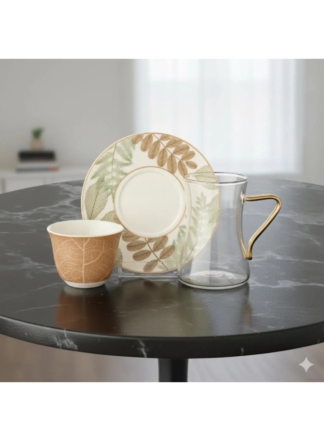 Dania Saudi tea and coffee set made of porcelain and glass, consisting of 18 pieces, including 6 cups, 6 tea saucers, and 6 Saudi coffee cups. - Image 1