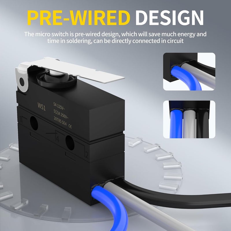 Joinfworld مفتاح حد صغير مقاوم للماء بقضيب دوار 6A 12V DC، مفتاح حد صغير بقضيب SPDT 3 دبابيس 5A 250V AC مع توصيل مسبق - عبوة من 2 - Image 5