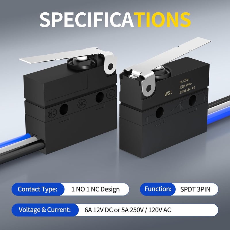 Joinfworld مفتاح حد صغير مقاوم للماء بقضيب دوار 6A 12V DC، مفتاح حد صغير بقضيب SPDT 3 دبابيس 5A 250V AC مع توصيل مسبق - عبوة من 2 - Image 3