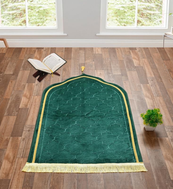 KETOSTICS® Velvet Prayer Mat 44x28 inch Musalla Janamaz for Namaz Muslim Brown (Dark Green) - Image 1