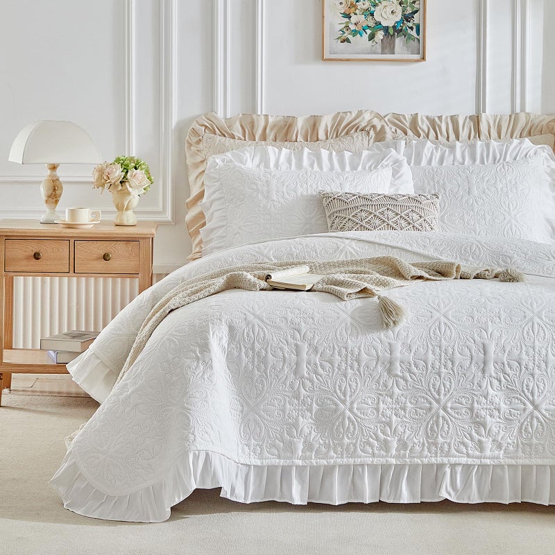 Uozzi Bedding Ruffles Quilt Set Queen Size 96 * 96in - 3 Pieces Solid Shabby Chic Farmhouse Ruffled Bedding Rustic Coverlet Lightweight Fluffy Summer Oversized Bedspread with Shams for Women Men White - Image 1