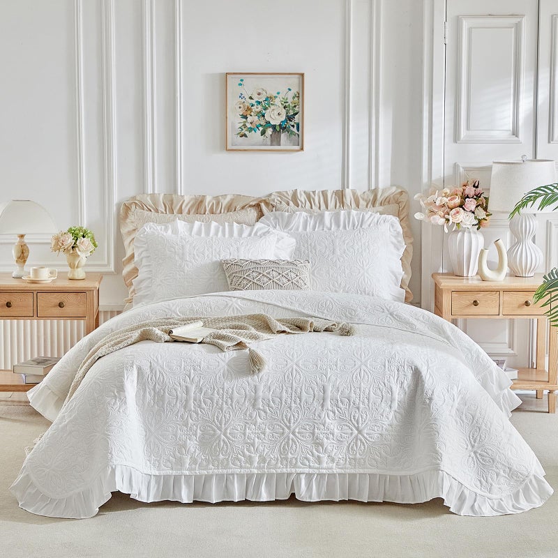 Uozzi Bedding Ruffles Quilt Set Queen Size 96 * 96in - 3 Pieces Solid Shabby Chic Farmhouse Ruffled Bedding Rustic Coverlet Lightweight Fluffy Summer Oversized Bedspread with Shams for Women Men White - Image 3